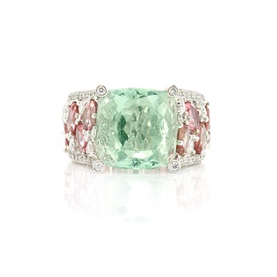 Lot 680 - White Gold, Green Beryl, Pink Tourmaline and Diamond Ring