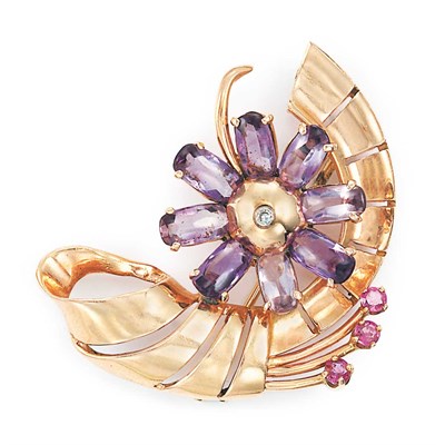 Lot 105 - Rose Gold, Amethyst, Ruby and Diamond Flower Brooch