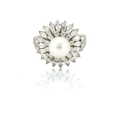 Lot 688 - Platinum, Cultured Pearl and Diamond Ring