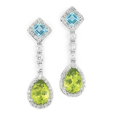 Lot 119 - Pair of White Gold, Peridot, Blue Topaz and Diamond Pendant-Earrings