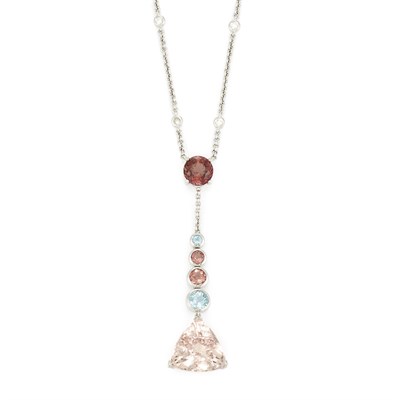 Lot 676 - White Gold, Morganite, Pink Tourmaline, Aquamarine and Diamond Pendant-Necklace
