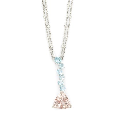Lot 780 - Double Strand White Gold, Morganite, Aquamarine and Diamond Pendant-Necklace