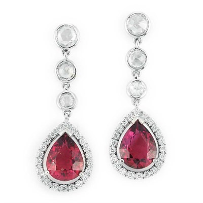 Lot 757 - Pair of White Gold, Diamond and Pink Tourmaline Pendant-Earrings