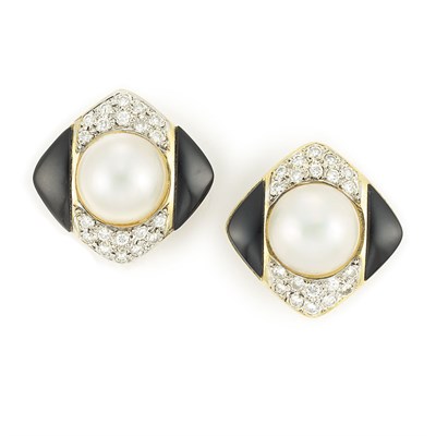 Lot 68 - Pair of Gold, Mabe Pearl, Black Onyx and Diamond Earclips