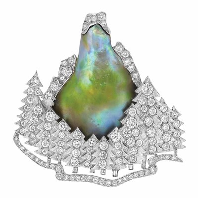 Lot 436 - Platinum, Multicolored Natural Blister Pearl and Diamond Matahorn Brooch