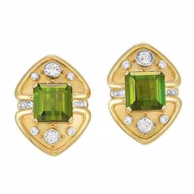 Lot 260 - Pair of Gold, Green Tourmaline and Diamond Earclips