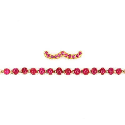 Lot 435 - Gold and Cabochon Ruby Bracelet and Ruby Pin