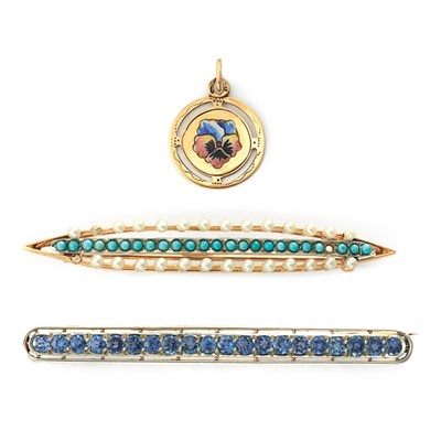 Lot 645 - Two Bar Pins and Enamel Pansy Charm