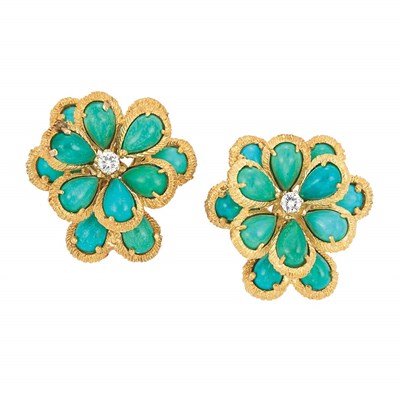 Lot 697 - Pair of Gold, Turquoise and Diamond Flower Earclips