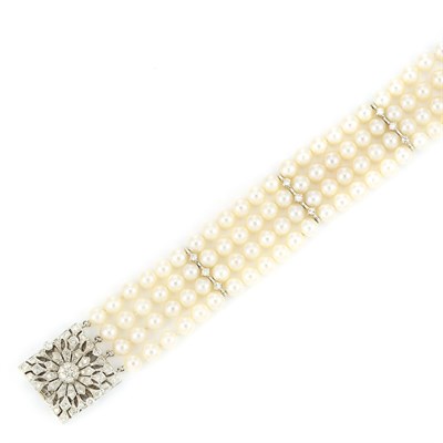 Lot 171 - Four Strand Cultured Pearl, White Gold and Diamond Bracelet