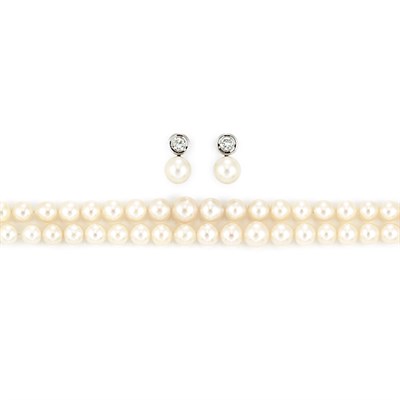 Lot 754 - Double Strand Cultured Pearl Necklace and Pair of Cultured Pearl and Diamond Earrings