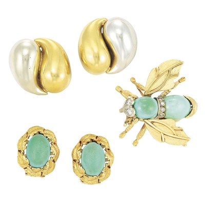 Lot 809 - Gold, Turquoise and Diamond Insect Brooch and Two Pairs of Earclips