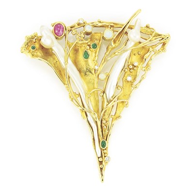 Lot 704 - Gold, Freshwater Pearl, Gem-Set and Diamond Brooch
