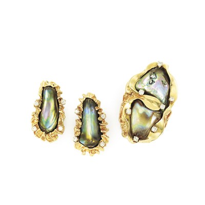 Lot 703 - Gold, Abalone Pearl and Diamond Ring and Pair of Earclips