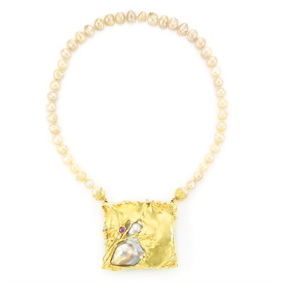 Lot 57 - Gold, Blister Pearl, Cabochon Ruby and Diamond Pendant Brooch with Baroque Freshwater Pearl Necklace