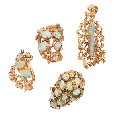 Lot 551 - Gold, Opal and Diamond Pendant-Brooch, Hoop Earclips and Ring
