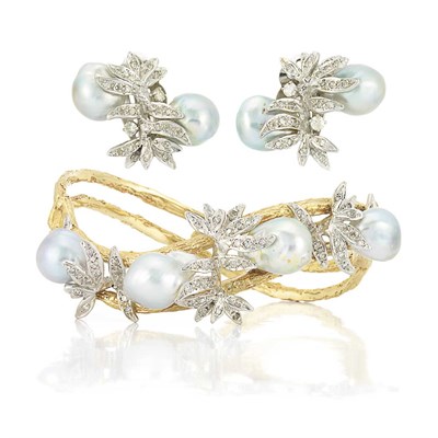 Lot 31 - Two-Color Gold, Silver Baroque Cultured Pearl and Diamond Bangle and Pair of Earclips