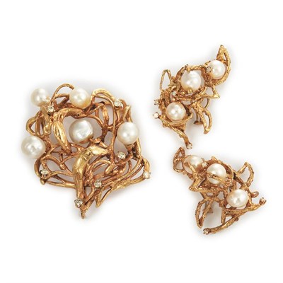 Lot 268 - Gold, Semi-Baroque Pearl, Diamond and Simulated Diamond Pendant-Brooch and Pair of Earclips