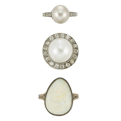 Lot 175 - Group of Cultured Pearl, Opal and Diamond Rings and Gold, Blister Pearl and Diamond Pendant-Brooch with Chain