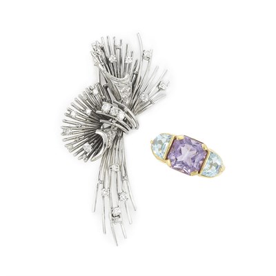 Lot 319 - Group of Assorted Gold, Gem-Set and Diamond Rings, Diamond Brooch and Pair of Cultured Pearl Earclips