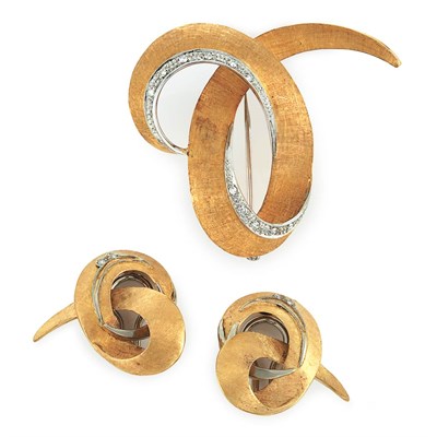 Lot 416 - Gold and Diamond Brooch and Pair of Earclips