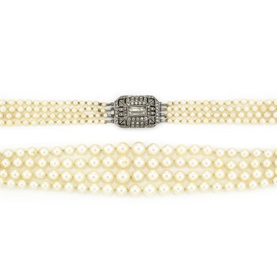 Lot 265 - Four Strand Cultured Pearl Necklace with Silver and Simulated Diamond Clasp