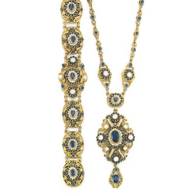 Lot 400 - Silver Gilt, Foiled-Back Sapphire and Split Pearl Pendant-Necklace and Bracelet
