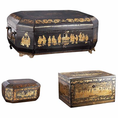 Lot 520 - Group of Three Chinese Gilt Decorated Black...