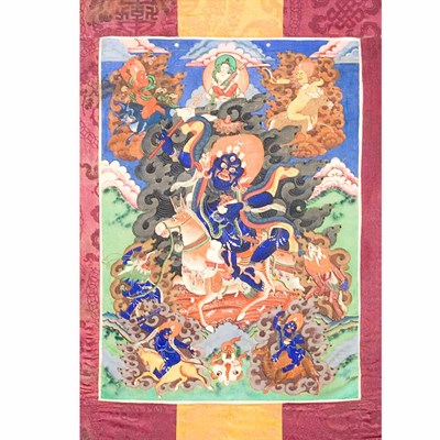 Lot 41 - Tibetan Thanka 20th Century Mahakala mounted...