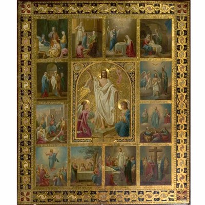 Lot 1209 - Russian Gilt and Painted Wood Icon Depicting...
