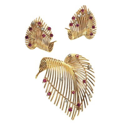 Lot 180 - Gold, Ruby and Diamond Leaf Brooch and Pair of Earclips