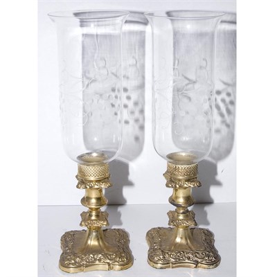 Lot 286 - Pair of Brass Candlestick with Glass Hurricane...