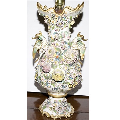 Lot 519 - Continental Floral Encrusted Porcelain Lamp...