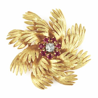Lot 497 - Gold, Diamond and Ruby Flower Brooch