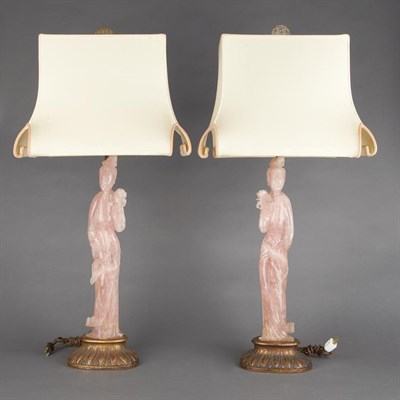 Lot 389 - Pair of Chinese Rose Quartz Figures of Maidens...