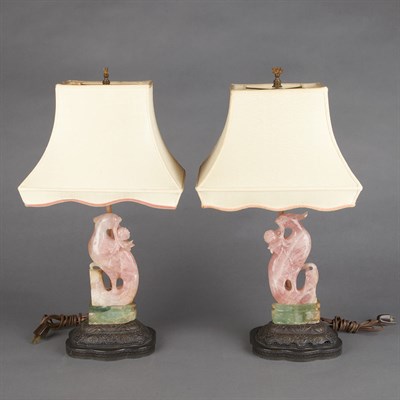Lot 561 - Pair of Chinese Rose Quartz Figures of Birds...