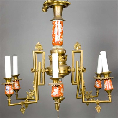 Lot 364 - Victorian Brass and Porcelain Six-Light...