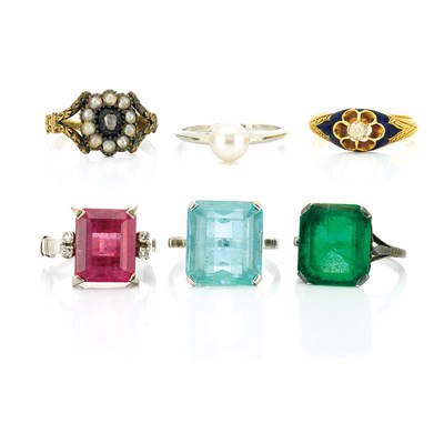 Lot 839 - Five Gem-Set, Pearl and Diamond Rings and Green Glass Ring