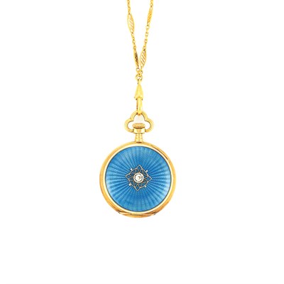 Lot 831 - Gold, Platinum, Guilloche Blue Enamel and Diamond Pendant-Watch with Gold Chain