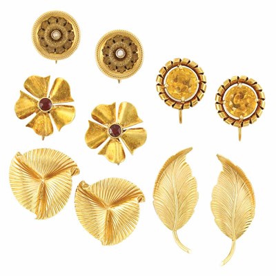 Lot 587 - Five Pairs of Gold and Gem-Set Earclips
