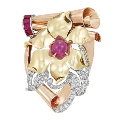 Lot 486 - Two-Color Gold, Platinum, Ruby and Diamond Clip