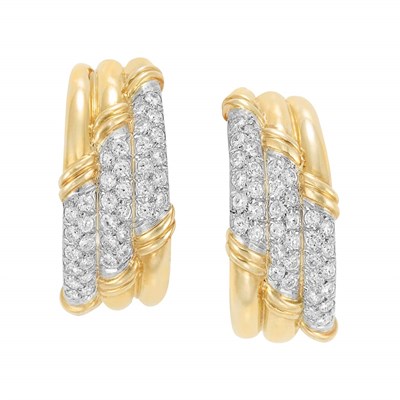 Lot 370 - Pair of Gold, Platinum and Diamond Hoop Earrings