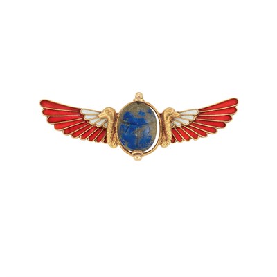Lot 346 - Egyptian Revival Gold, Lapis Scarab and Enamel Pin