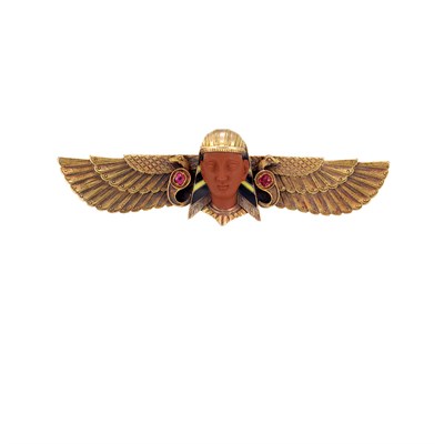 Lot 349 - Egyptian Revival Gold, Carved Jasper, Ruby and Enamel Brooch