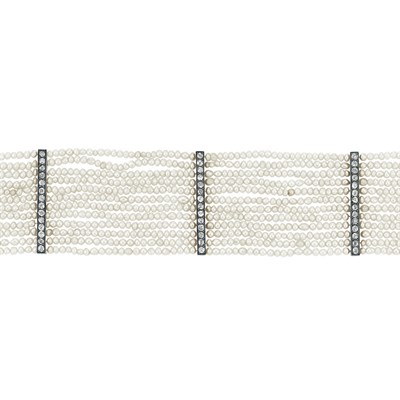 Lot 511 - Antique Twelve Strand Natural Pearl and Diamond Choker Necklace