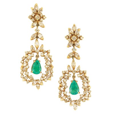 Lot 406 - Pair of Gold, Diamond and Emerald Pendant-Earrings