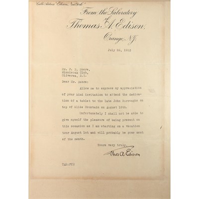 Lot 71 - EDISON, THOMAS ALVA Typed letter signed ("Thos....