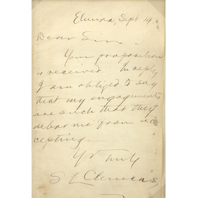 Lot 66 - CLEMENS, SAMUEL L. [MARK TWAIN] Autograph...