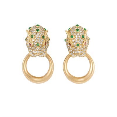 Lot 126 - Pair of Gold, Diamond and Cabochon Emerald and Ruby Leopard Head Hoop Earclips