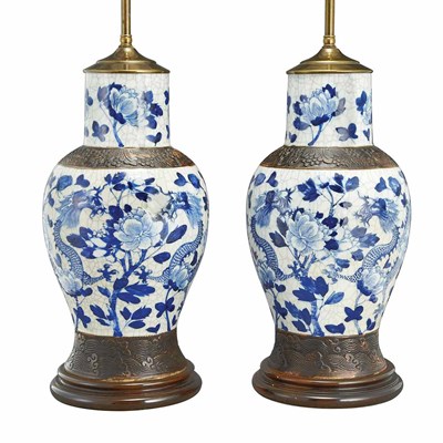 Lot 1278 - Pair of Chinese Blue and White Porcelain Lamps...